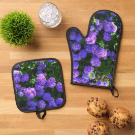 Klassieke Paarse Realistische Hortensia Ovenwant & Pannenlap Set