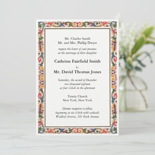 Klassieke parelwitte Floral Border Wedding Kaart (Staand voorkant)