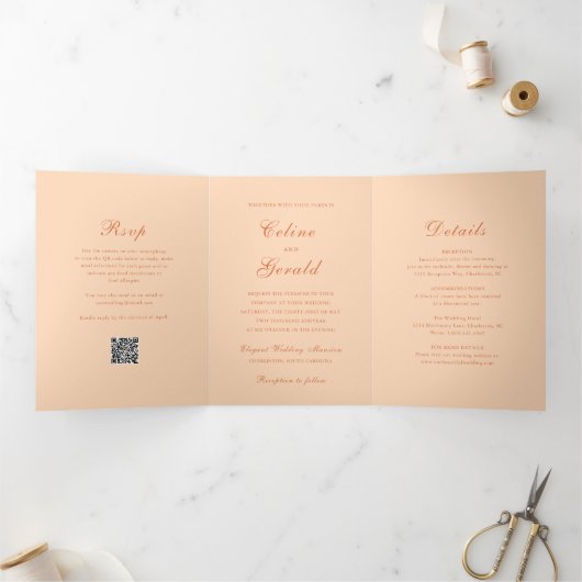 Klassieke Peach QR Code Elegante bruiloft Drieluik Uitnodiging (Binnen)