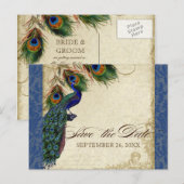Klassieke Peacock Feathers Navy Blue Save the Date Aankondigingskaart (Voorkant / Achterkant)