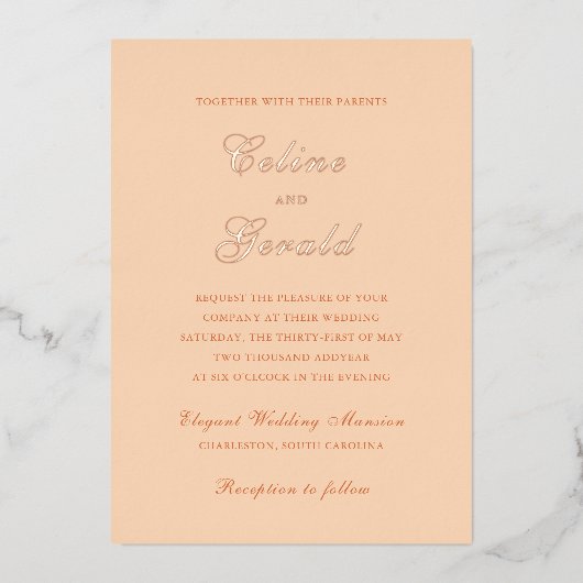 Klassieke perzik elegante bruiloft folie uitnodiging (Voorkant)