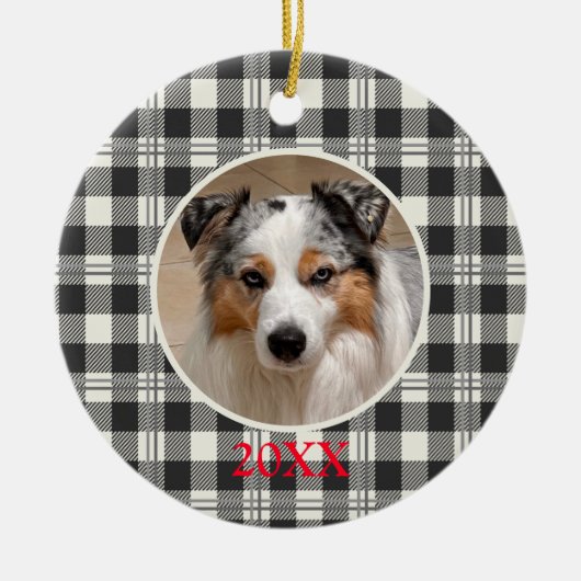Klassieke Pet Photo Donkergrijze Buffalo Plaid Art Keramisch Ornament (Voorkant)