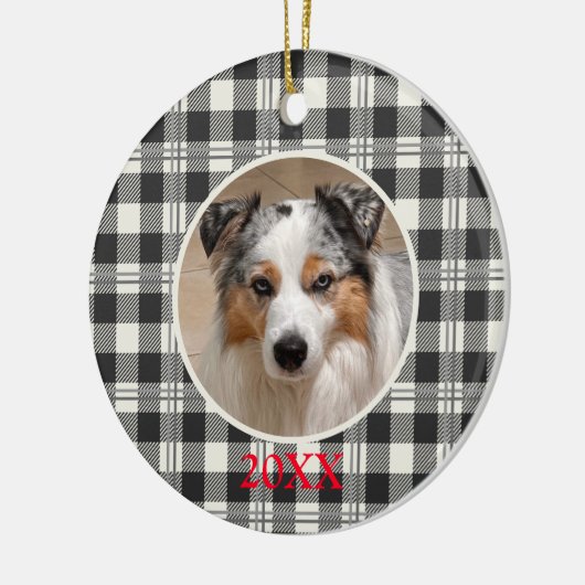 Klassieke Pet Photo Donkergrijze Buffalo Plaid Art Keramisch Ornament (Links)