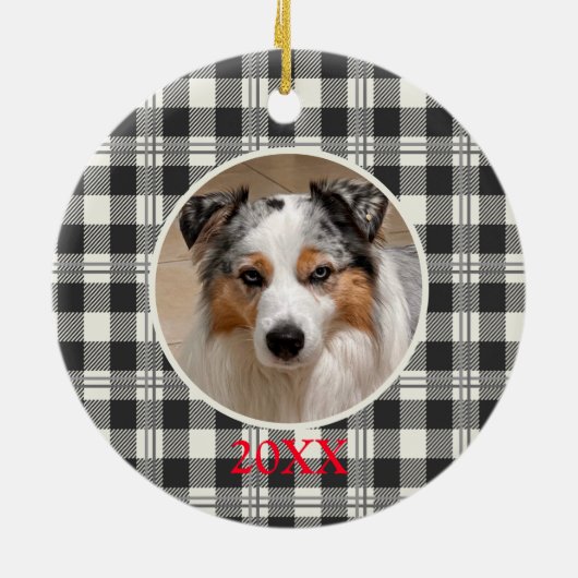 Klassieke Pet Photo Donkergrijze Buffalo Plaid Art Keramisch Ornament (Achterkant)