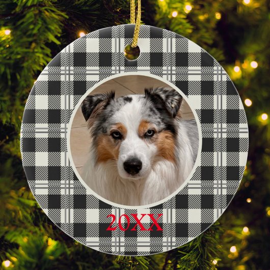 Klassieke Pet Photo Donkergrijze Buffalo Plaid Art Keramisch Ornament