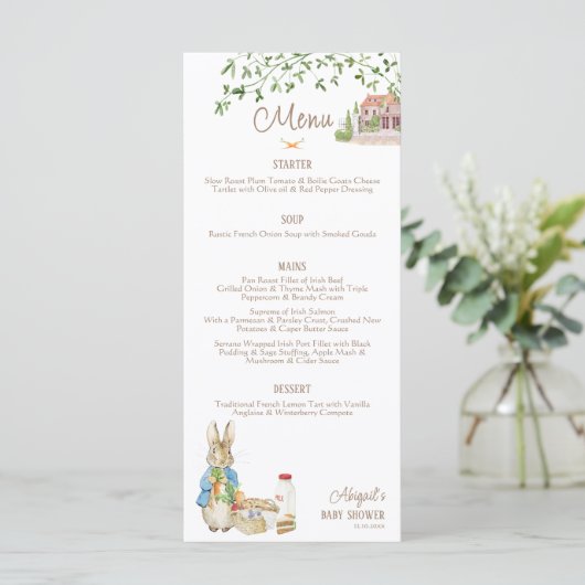 Klassieke Peter the Rabbit Beatrix Baby shower Menu (Staand voorkant)