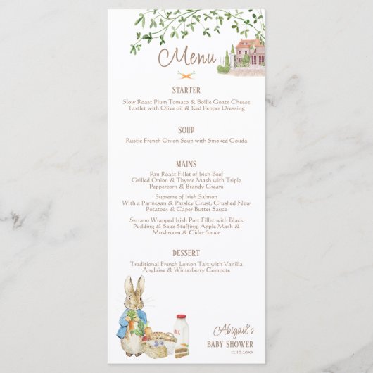 Klassieke Peter the Rabbit Beatrix Baby shower Menu (Voorkant)