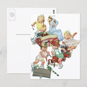 Klassieke peuters spelen met brandweerwagens briefkaart
