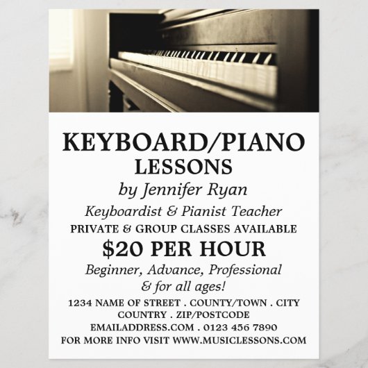 Klassieke piano, toetsenbord, pianolessen flyer (Voorkant)