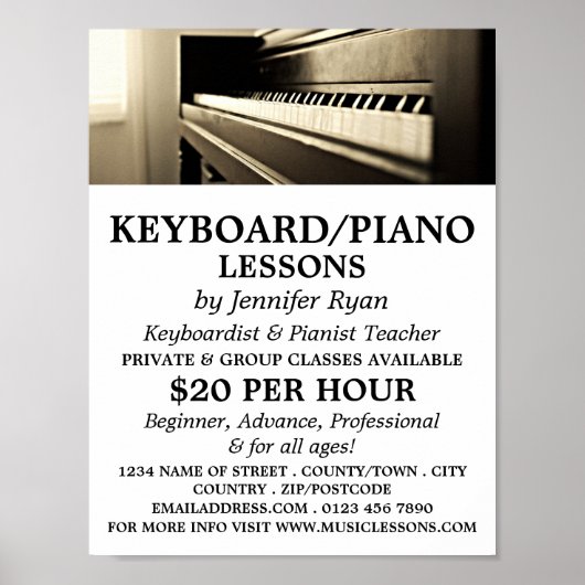 Klassieke piano, toetsenbord, pianolessen poster (Voorkant)