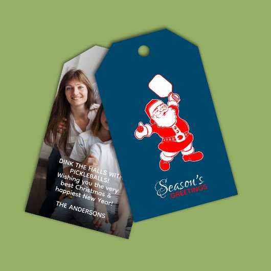 Klassieke Pickleball Santa Blue Kerstmis Foto Cadeaulabel