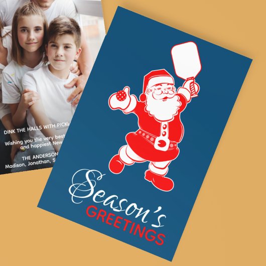 Klassieke Pickleball Santa Blue Kerstmis Foto Feestdagenkaart