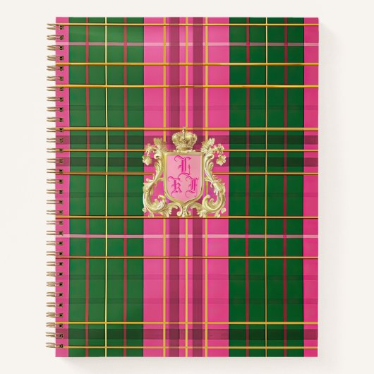 Klassieke Plaid Roze en Groen Monogrammed Notitieboek (Voorkant)