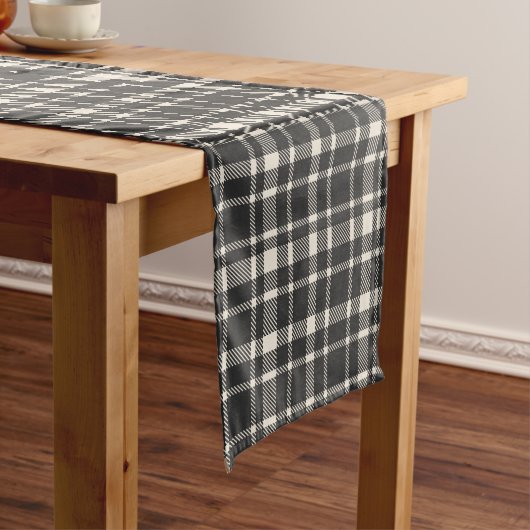 Klassieke Plaid Tartan Pattern-Black & Off-White Korte Tafelloper (Voorbeeld)