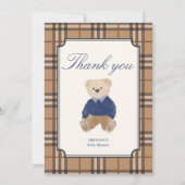Klassieke plaid teddybeer baby shower bedankkaart (Voorkant)