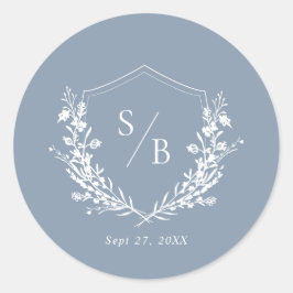 Klassieke Plain Dusty Blue Monogram Crest Bruiloft Ronde Sticker