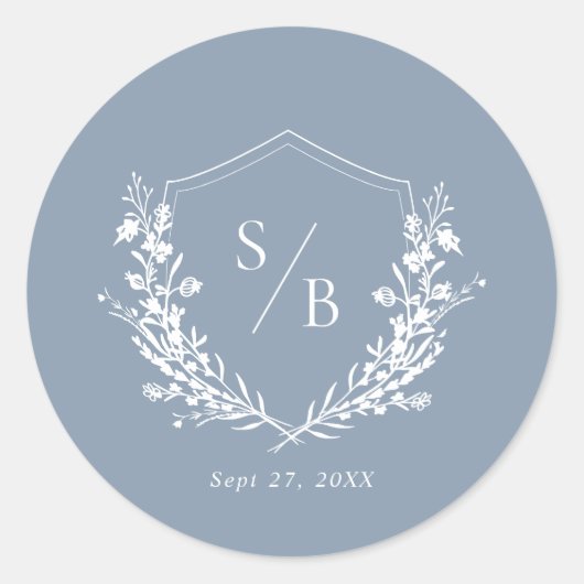 Klassieke Plain Dusty Blue Monogram Crest Bruiloft Ronde Sticker (Voorkant)