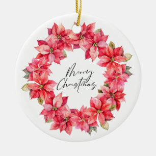 Klassieke Poinsettia Kerstkrans met bessen Keramisch Ornament