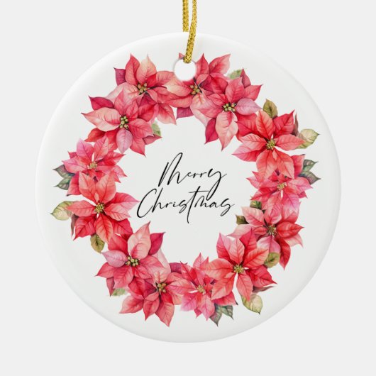 Klassieke Poinsettia Kerstkrans met bessen Keramisch Ornament (Voorkant)