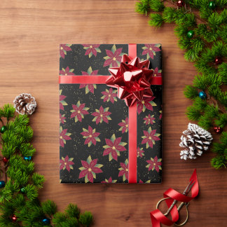 Klassieke Poinsettia met Goud Spatter op zwart Cadeaupapier
