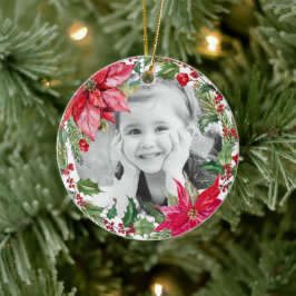 Klassieke Poinsettia Prettig Kerstmis Foto Keramisch Ornament