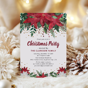 Klassieke Poinsietta Floral & Gold Kerstparty Kaart