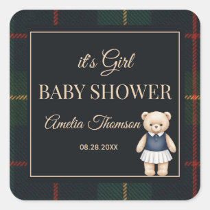 Klassieke Polo Teddybeer Preppy Geruite Baby Showe Vierkante Sticker