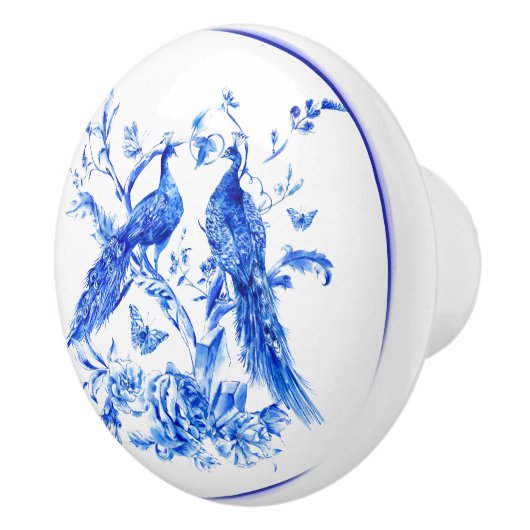 Klassieke Porselein Blauwe Peacocks Witte Achtergr Keramische Knop (Rechts)