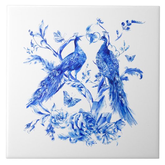 Klassieke Porselein Blauwe Peacocks Witte Achtergr Tegeltje (Voorkant)