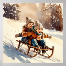 Klassieke Poster van Kinderen op een Slee Rondrit 