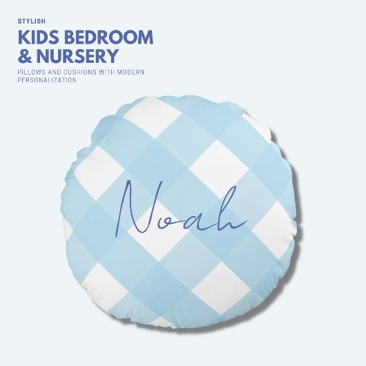 Klassieke powder Blue Gingham Boys Round Pillow Rond Kussen