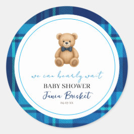 Klassieke Preppy Blauwe Geruite Teddybeer Baby Sho Ronde Sticker