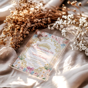 Klassieke Prinses Roze Strik Bloemige Quinceanera Acryl Uitnodigingen