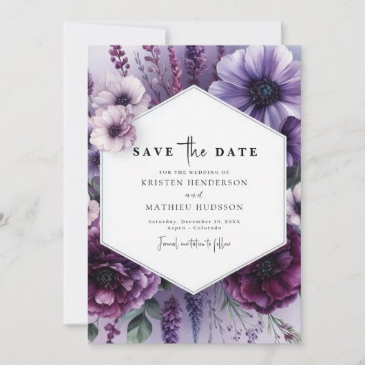 Klassieke Printable Paarse Bloemen Wedding Save The Date (Voorkant)