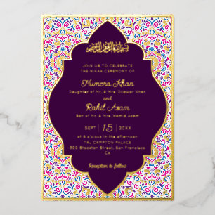 Klassieke pruim purper gouden accenten moslim brui folie uitnodiging