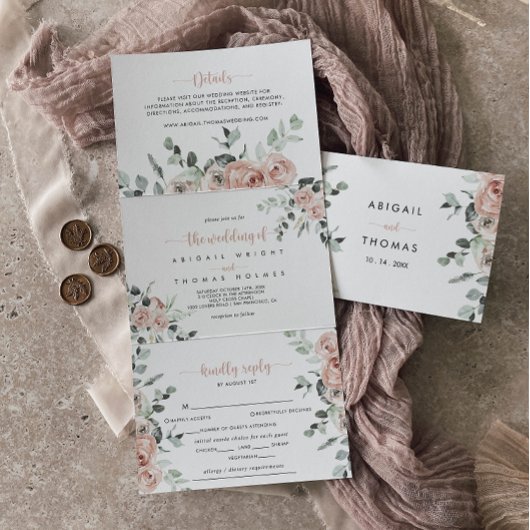 Klassieke puinroze roze roze bruiloft drieluik uitnodiging