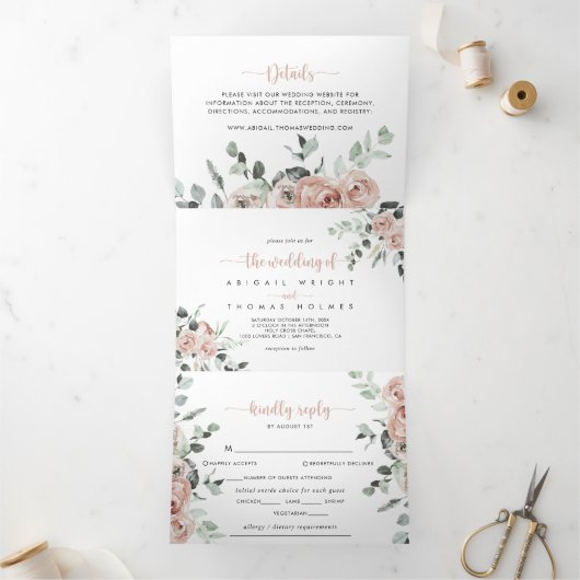 Klassieke puinroze roze roze bruiloft drieluik uitnodiging (Binnen)