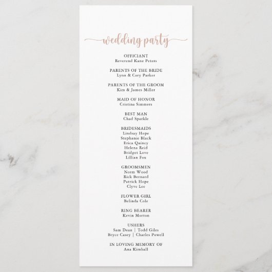 Klassieke puinroze roze roze bruiloft programmakaart (Achterkant)