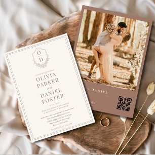 Klassieke QR Code Crest Mocha Bruin Foto Huwelijk Kaart