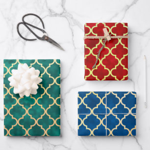 Klassieke Quatrefoil Rood Goud Groen Blauw Vakanti Inpakpapier Vel