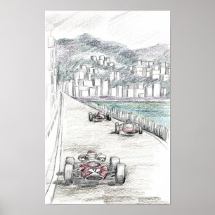Klassieke raceauto Kuststad Marina-gebouw Poster