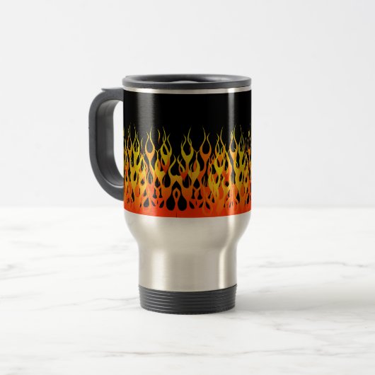 Klassieke raceflames op Solid Black Reisbeker (Voorkant links)