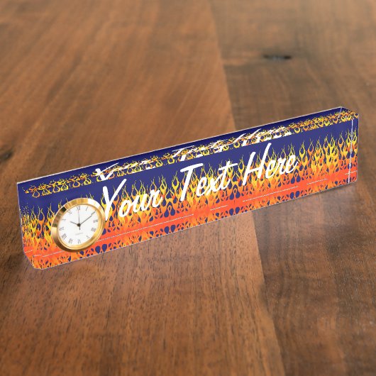 Klassieke Racing Flames Fire op Navy Blue Naambordje (Zijkant)