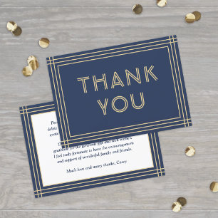 Klassieke rand navyblauw en goud eenvoudige typogr bedankkaart