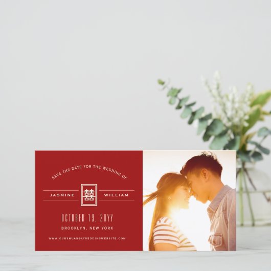Klassieke rechthoek dubbel geluk Chinees huwelijk Save The Date (Staand voorkant)