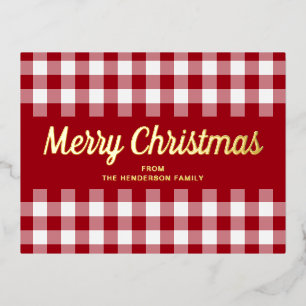 Klassieke Red Gingham Christmas Script Gold Folie Feestdagen Briefkaart