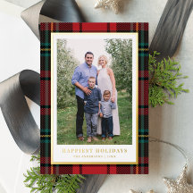 Klassieke Red Tartan + Gold Foil Holiday Fotokaart