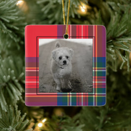 Klassieke Red Tartan Pset met Kerstmis Foto Modern Keramisch Ornament