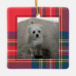 Klassieke Red Tartan Pset met Kerstmis Foto Modern Keramisch Ornament