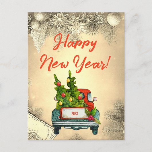 Klassieke Red Truck Tree Happy New Year Groetings Feestdagenkaart (Voorkant)